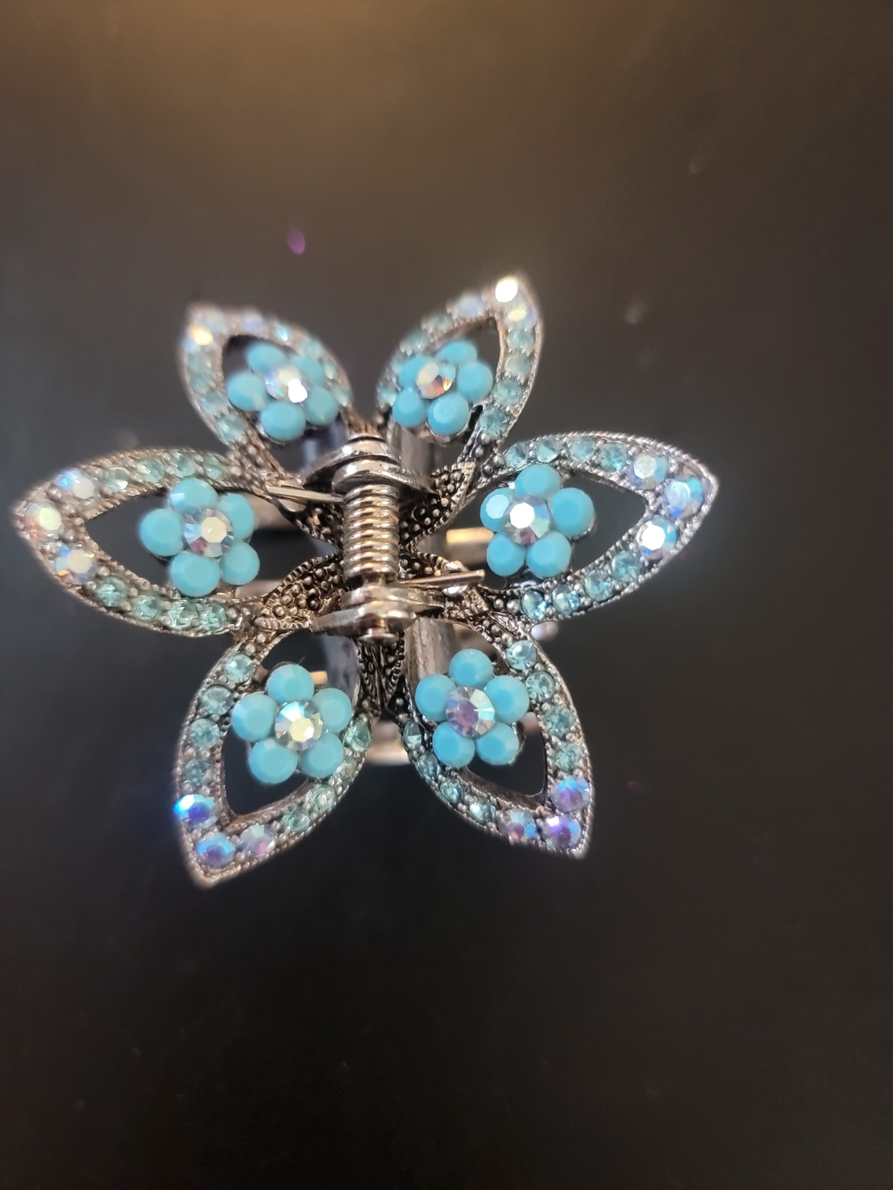 Silver Floral Blue Crystal Butterfly Hair Clip